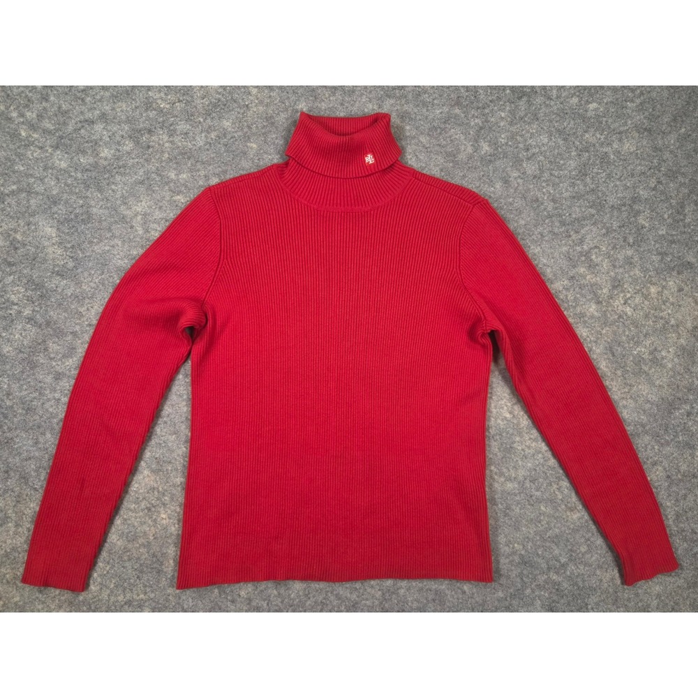 Lauren Ralph Lauren Red Ribbed Turtleneck Sweater 100% Cotton RLL Logo Size M
